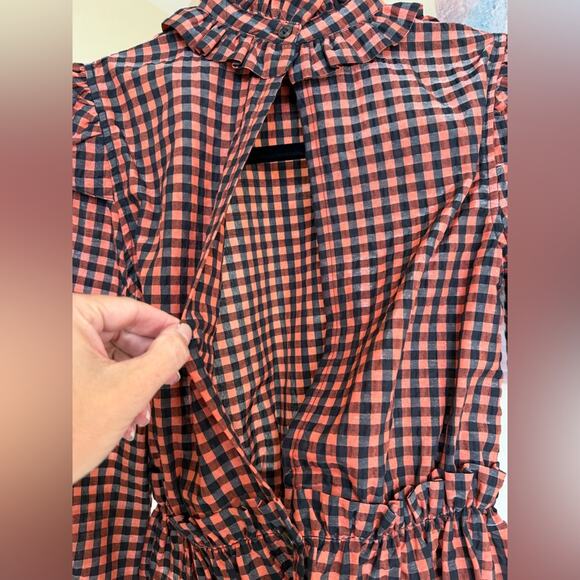 Ganni Ruffled Seersucker Button Neck Open Back Blouse Top Flame Check Women’s 32 - Picture 7 of 9